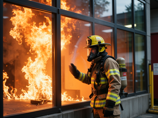 消防演练现场，身穿防护服的工作人员正在操作设备，背景为建筑物