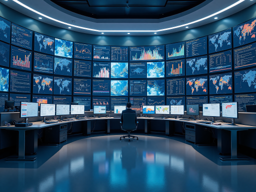 现代化消防控制室内部，大屏幕显示各种监控数据，技术人员正在查看系统运行状态