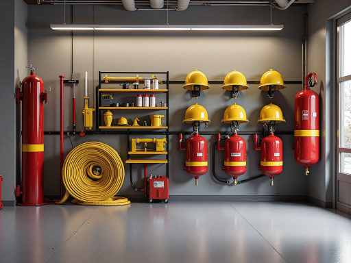 消防设备安装现场，工程师正在认真调试设备，周围有消防管道和线路